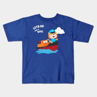 Cute lion the animal sailor on the boat with cartoon style. Kids T-Shirt